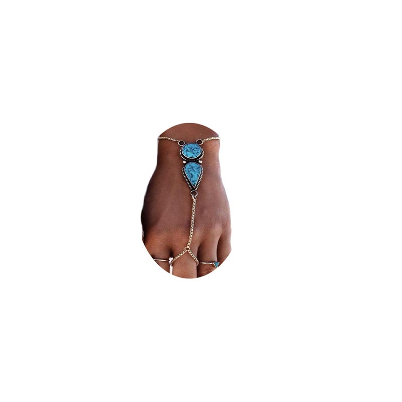 Jovono Boho Slave Bracelets Silver Turquoise Finger Ring Bracelets Summer Beach Hand Chain Jewelry for Women - Image 1
